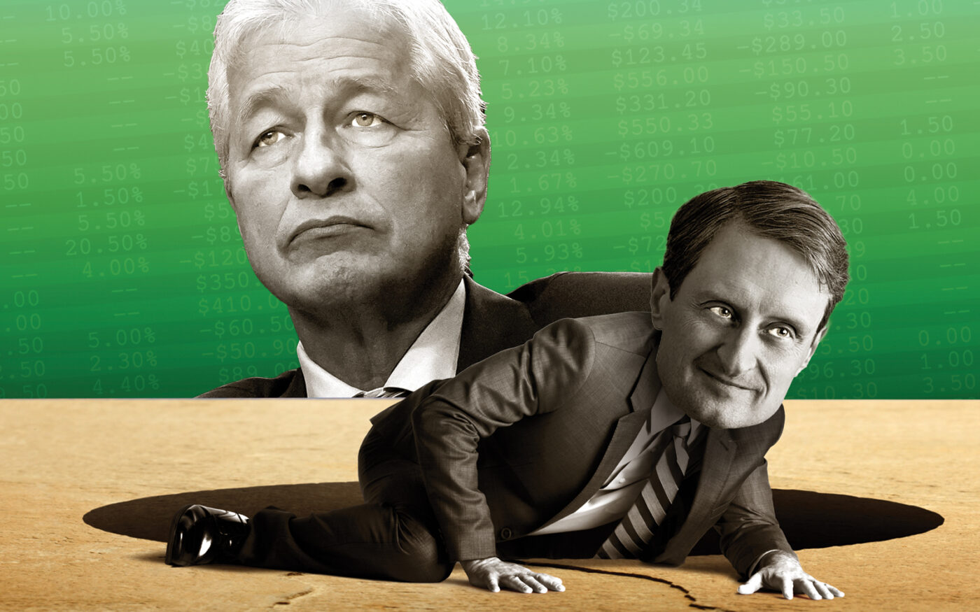 First Republic CEO Mike Roffler (right) and JPMorgan Chase CEO Jamie Dimon (Photo-illustration by Kevin Rebong/The Real Deal)