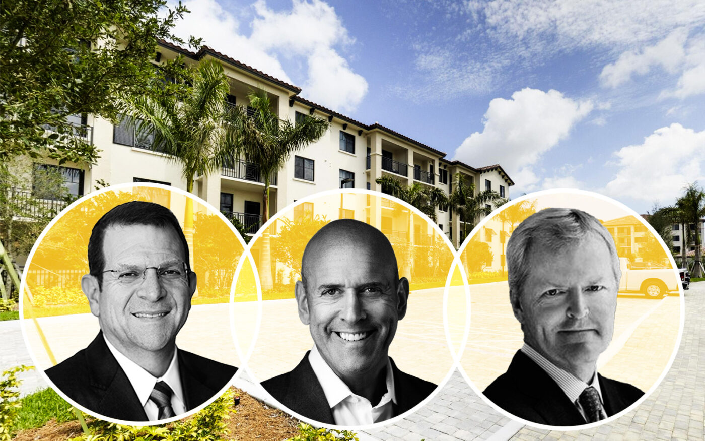 Harbor Group International’s Jordan Slone, The Carlyle Group’s Harvey Schwartz and Alliance Residential’s Bruce Ward with the Locklyn West Palm apartment complex at 3590 Village Boulevard in West Palm Beach