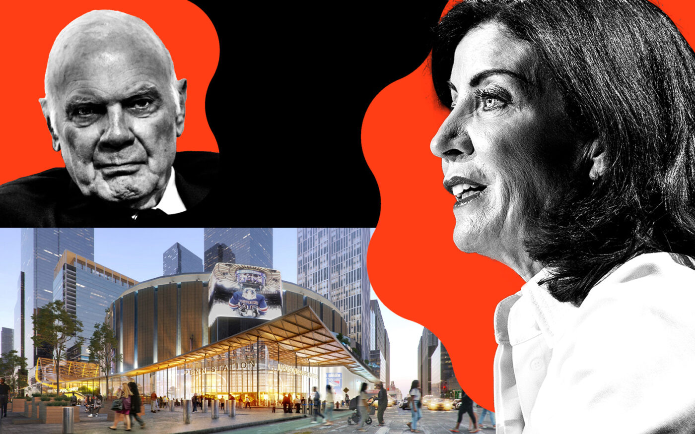 Vornado's Steve Roth, Gov. Kathy Hochul and a rendering of the Penn Station redesign