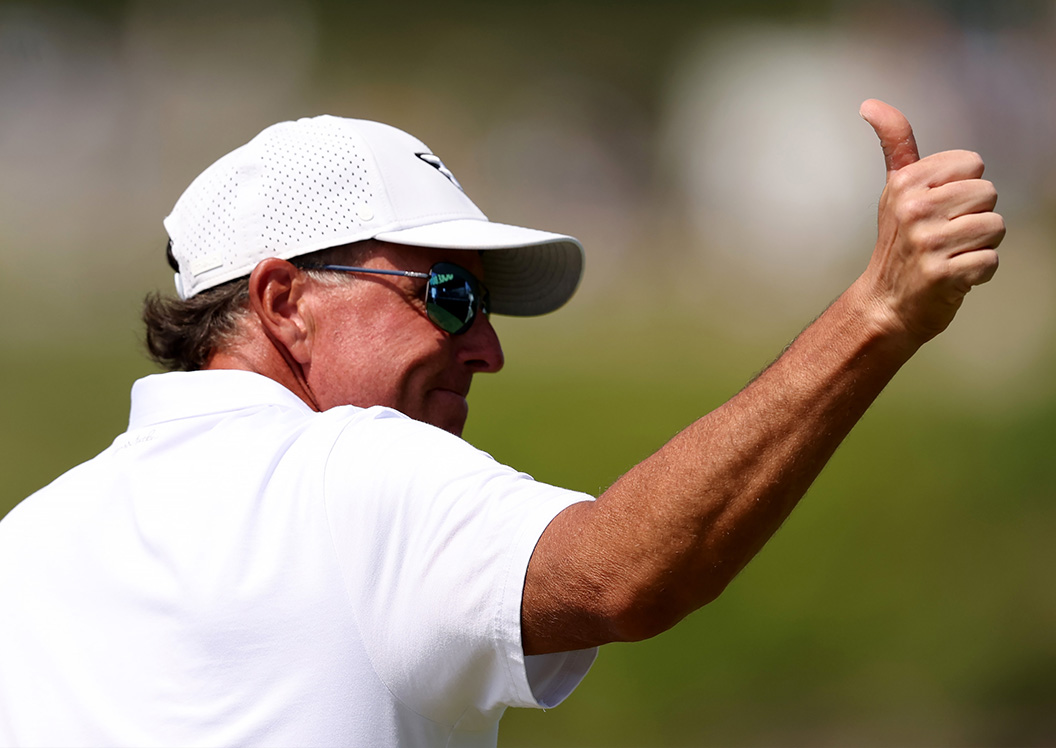 Phil Mickelson of HyFlyers GC after putting out on the 18th green during day two of the LIV Golf Invitational - DC at Trump National Golf Club on May 27 in Sterling, Virginia. (Photo by Rob Carr/Getty Images)