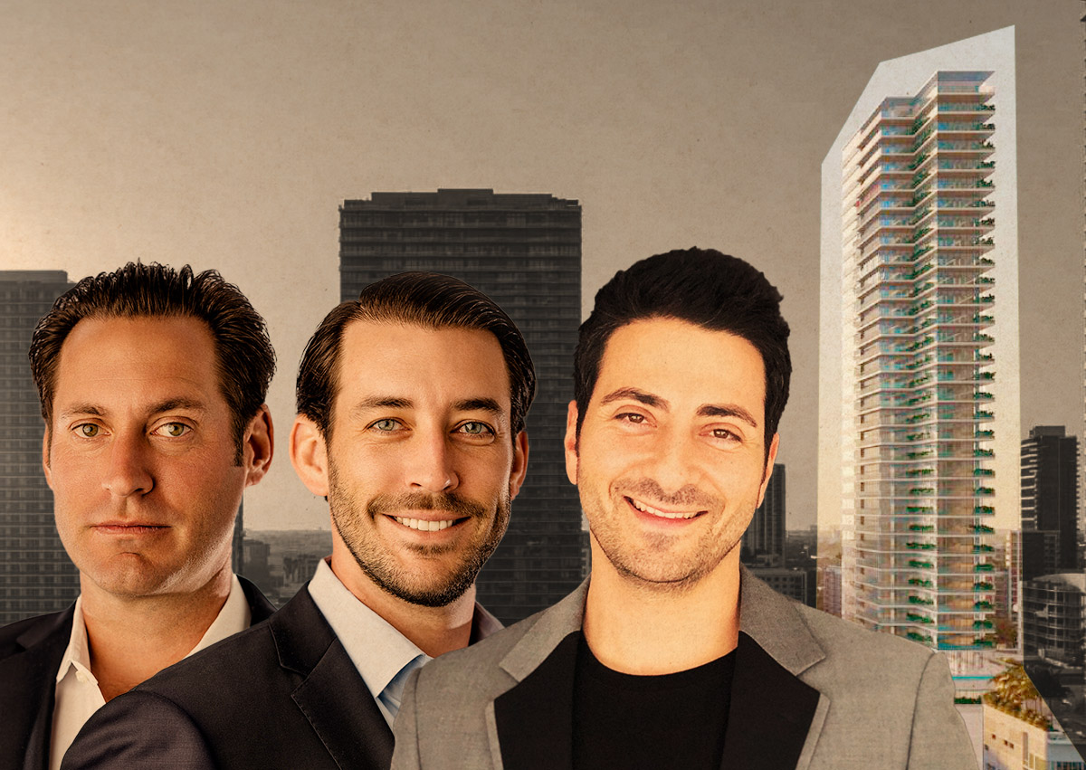 Related's Jon Paul Nick and Perez, Alex Karakhanian with rendering of Villa Miami Tower(Related Group, Alex Karakhanian, Getty, DIEGUEZ FRIDMAN)