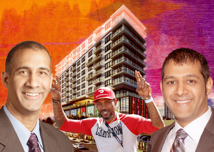 Magellan Housing’s Nick and Amay Inamdar; (middle) retired Miami Heat player Udonis Haslem; rendering of Wynwood affordable rentals (Studio Mc+G Architecture, Getty, Magellan Housing)