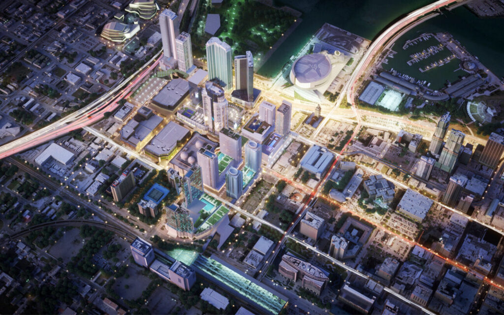An aerial view of the planned projects at 700 North Miami Avenue and 771 Northwest First Avenue (Miami Worldcenter Associates)