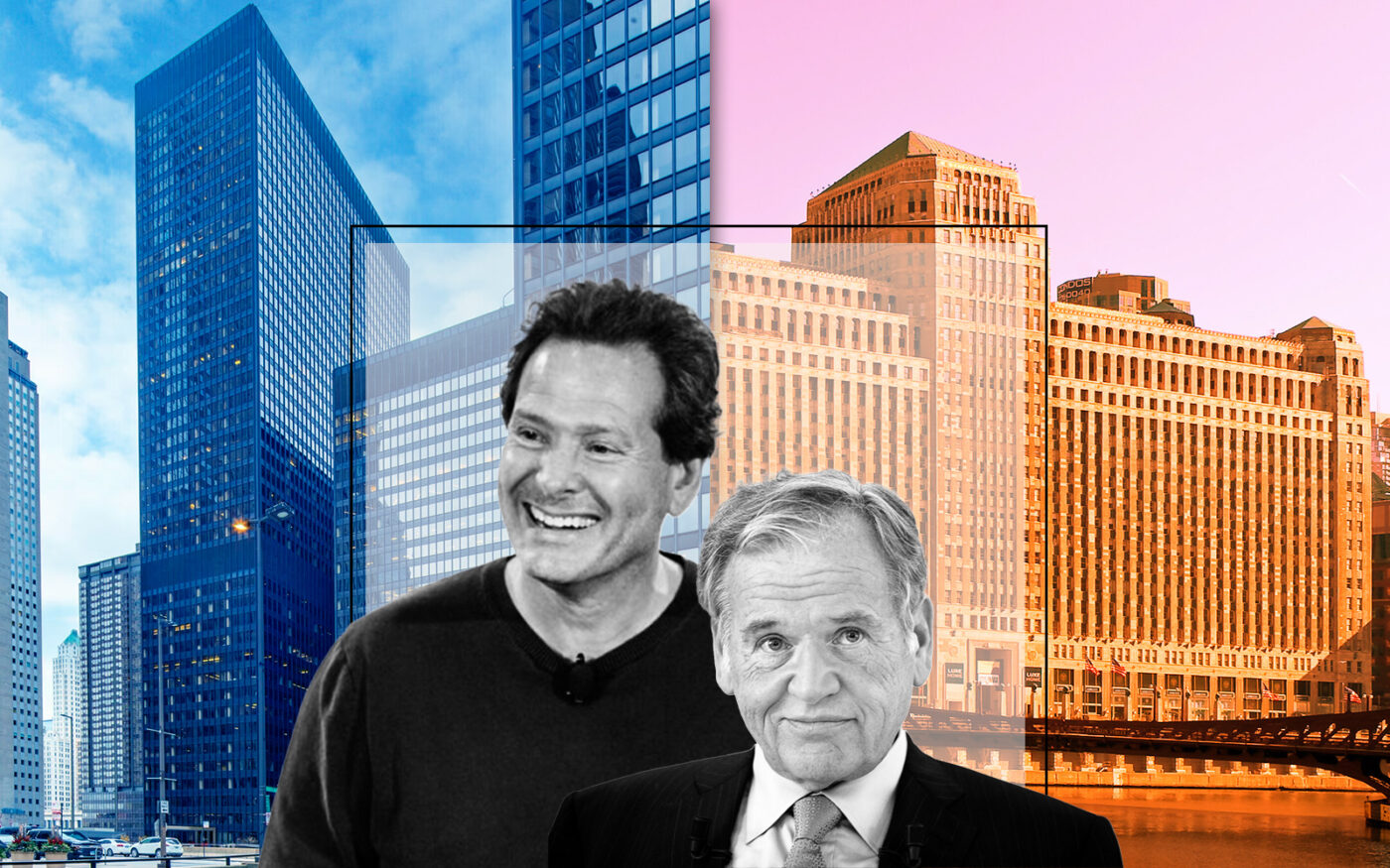 PayPal CEO Dan Schulman and Omnicom Group CEO John Wren with 225 North Michigan Avenue and 222 West Merchandise Mart Plaza