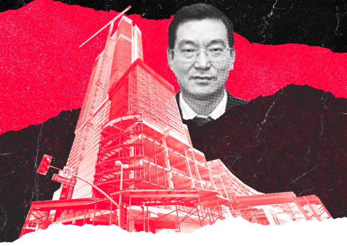 Oceanwide's Liu Guosheng with the unfinished Oceanwide Plaza project