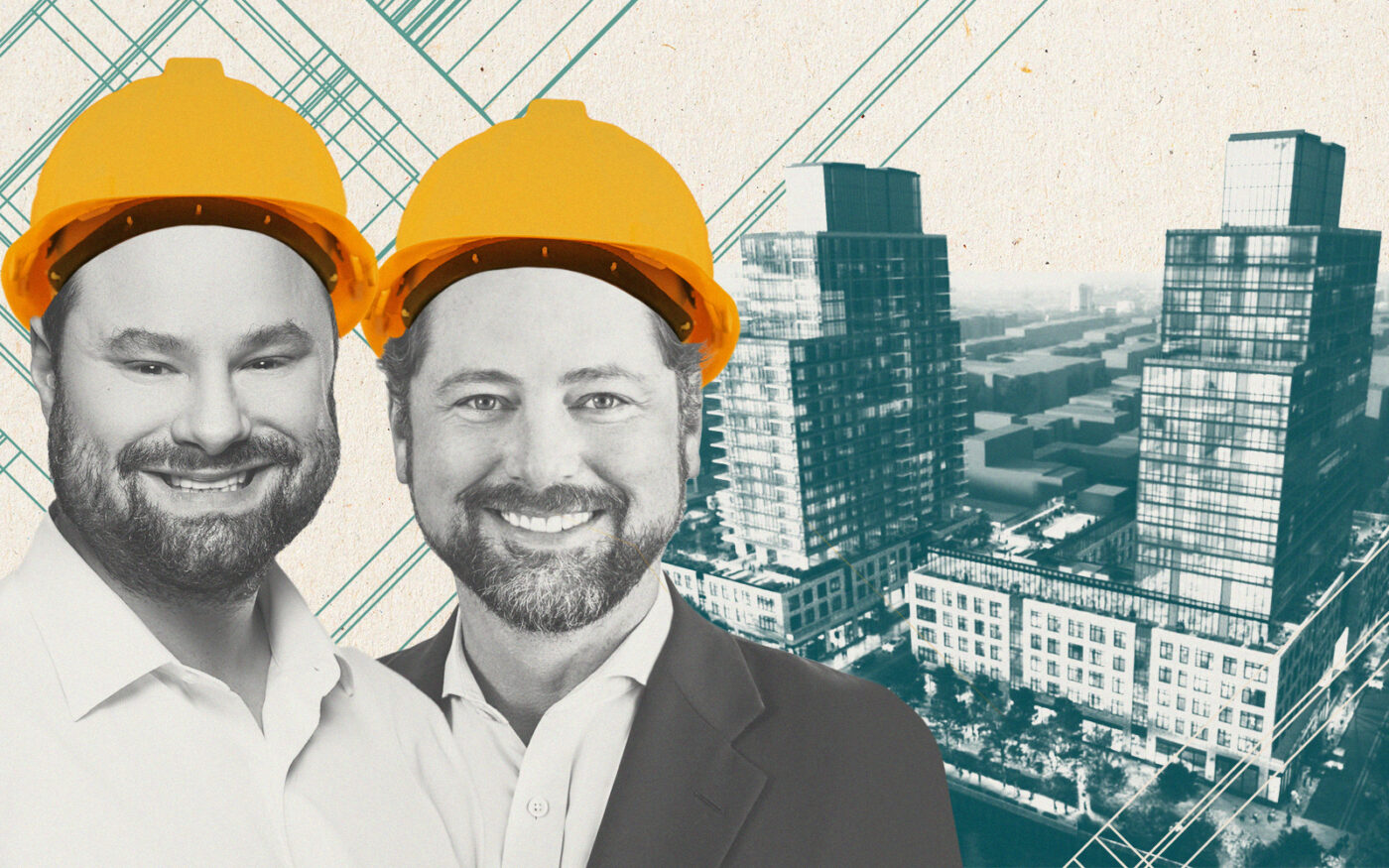 PMG’s Daniel Kaplan and Carlyle’s Jason Hart with rendering of Gowanus development site