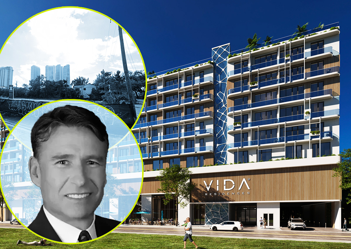 Urbana's Allan Gutierrez, the development site at 410 Northeast 35th Terrace in Miami and a rendering of the Visa Residences condominium project