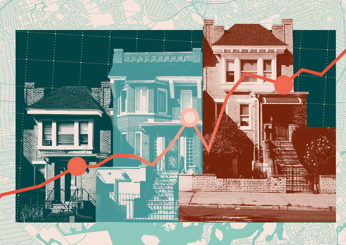 Brick homes in Astoria; Queens map; graph line