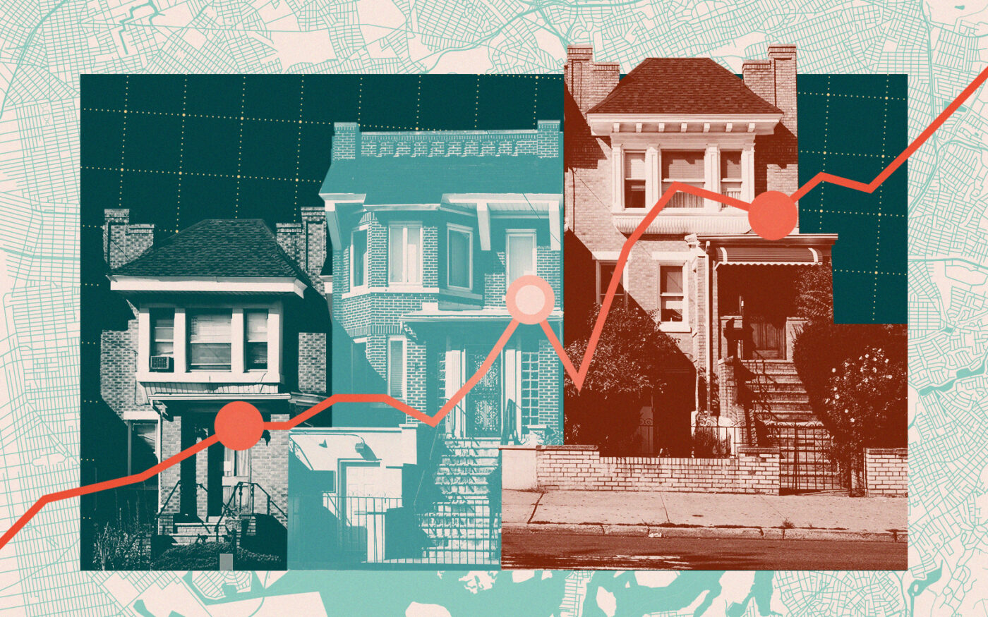 Brick homes in Astoria; Queens map; graph line