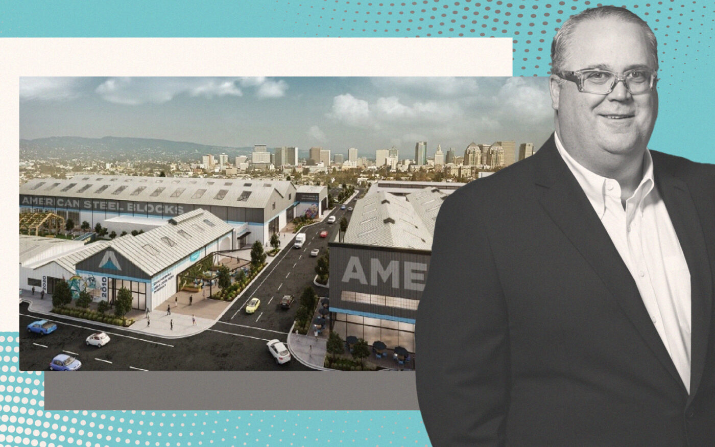 SKB's Todd Gooding with rendering of American Steel mixed-use development