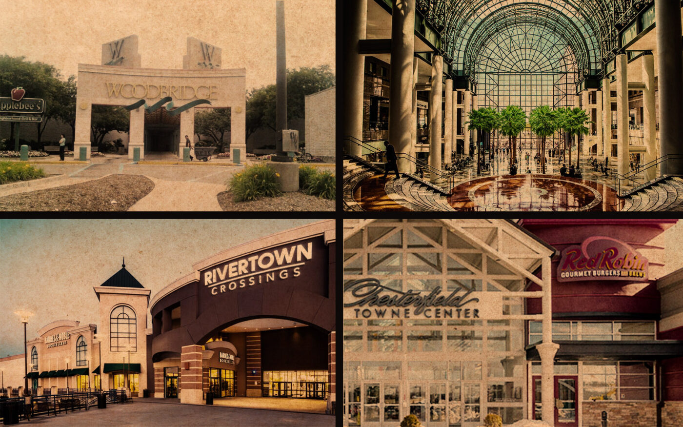 (clockwise from top-left) Woodbridge Center in North Jersey, Lower Manhattan’s Brookfield Place, Virginia’s Chesterfield Town Center and Michigan’s RiverTown Crossings (Getty, TripAdvisor, Rivertown Crossings, Chesterfield Town Center, TopGear/Public domain/via Wikimedia Commons)