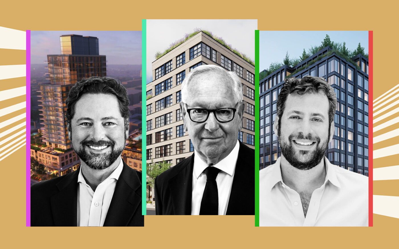 From left: Carlyle’s Jason Hart with a rendering of 267 Bond Street and 498 Sackett Street, Daniel Brodsky with 499 President Street and Avery Hall Investments' Brian Ezra with 204 4th Avenue