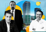 BH Group’s Isaac Toledano, Related CEO Jorge Pérez and Trinity CEO Sean Hehir with a rendering of the Diplomat Landing project