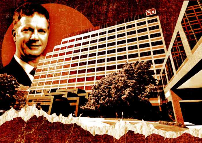 A photo illustration of Adventus CEO Rick Charlton and the Riverway office complex at 6111 North River Road in Rosemont (Getty, LinkedIn/Rick Charlton, Google Maps)