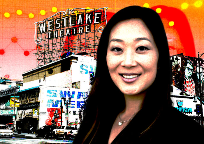A photo illustration of Jamison Properties' Jaime Lee and Westlake Theatre (Getty, LinkedIn/Jaime Lee, Visitor7, CC BY-SA 3.0 - via Wikimedia Commons)