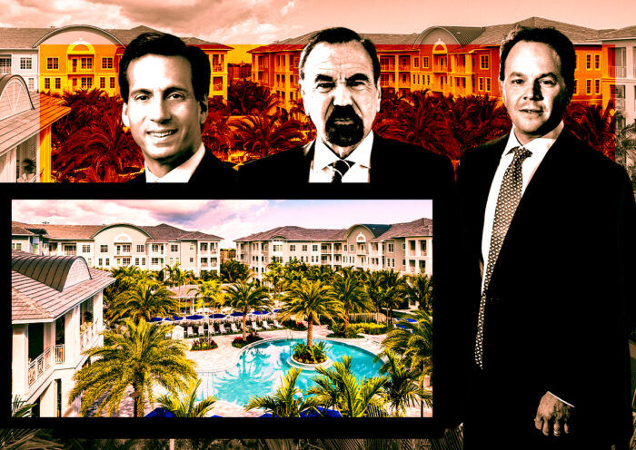 From left: Praedium Founding Principal Russell Appel, Related Group's Jorge Pérez, and Rockpoint co-founder Keith Gelb along with Manor Lantana at 861 Water Tower Way in Lantana (Getty, Praedium, Rockpoint, Related Group, Manor Lantana)