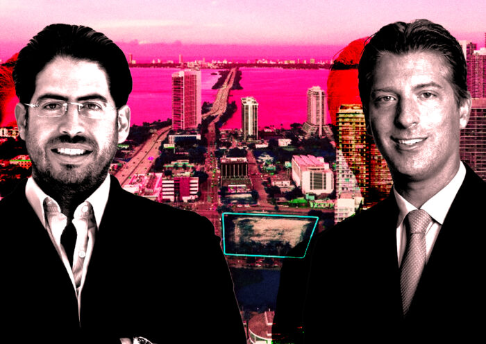 From left: Terra’s David Martin and Lion Development Group’s Michael Simkins along with an aerial view of the development site at the intersection of Miami’s Midtown and Design District (Getty, Terra, Lion Development Group)