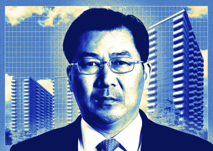 United Construction & Development Group founder Chris Xu and a rendering of 93-30 93rd Street in Rego Park (Getty, United Construction & Development Group, Meridian Capital Group)