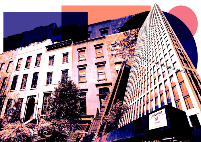 A photo illustration of 287 Union Street (left) and 1 Clinton Street (right) in Brooklyn (Getty, Google Maps, Compass)