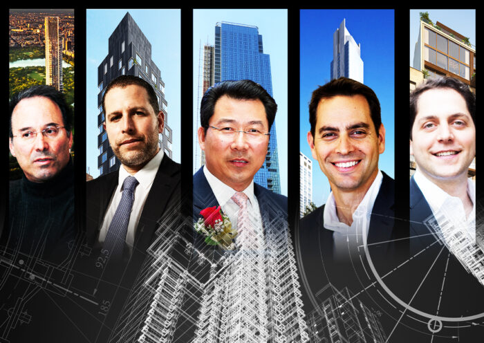 From left: Gary Barnett and Central Park Tower; Josh Zegen and 222 East Broadway; Chris Xu and Skyline Tower; Ran Eliasaf and 125 Greenwich; Seth Weissman and 199 Chrystie Street (Getty, Extell Development, Madison Realty Capital, Northwind Group, 199 Chrystie Street)