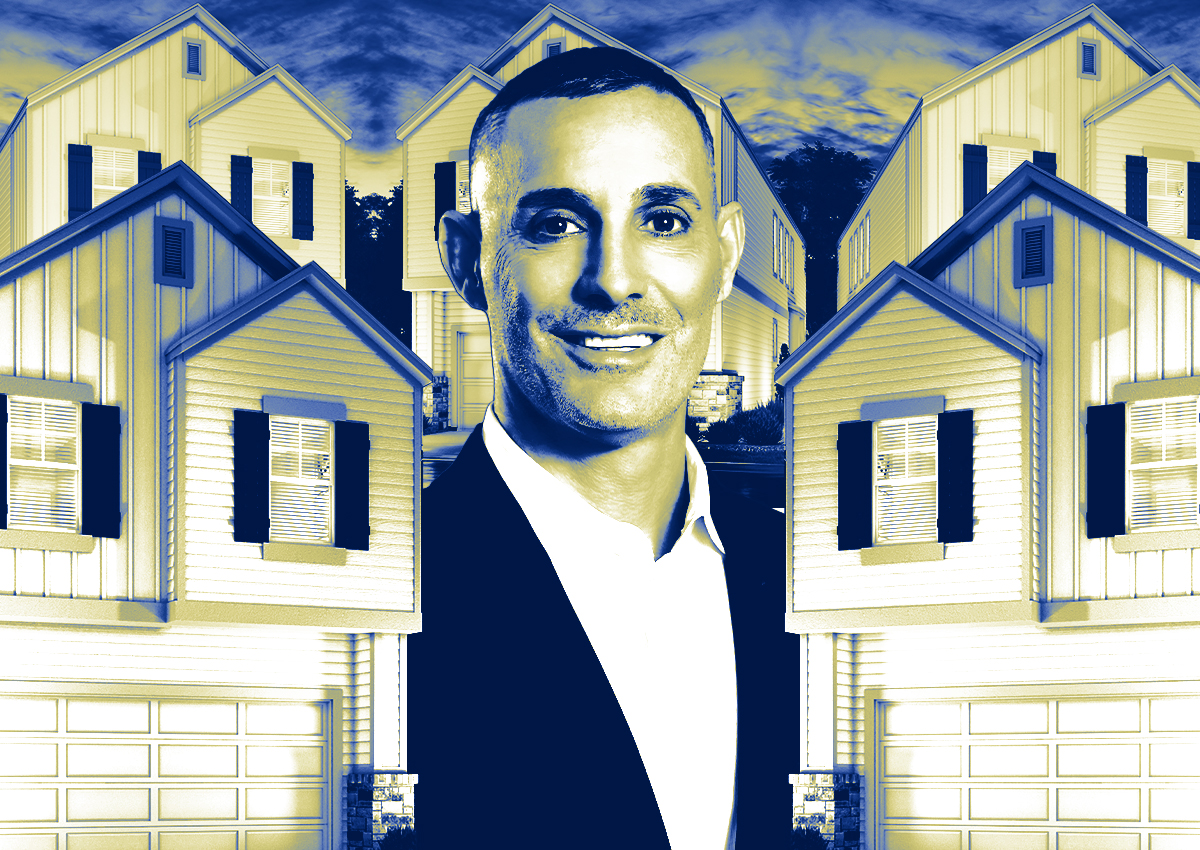 A photo illustration of Meritage Homes CEO Phillippe Lord and a rendering of the planned townhomes at McClendon Park Village (Meritage Homes)