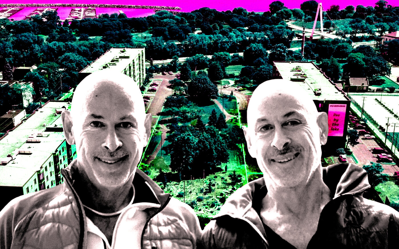 From left: South Side Stories Property Management's Jon and Julian Mickelson and Woodland Park by the Lake at 3243 South Cottage Grove Avenue in Bronzeville (Getty, South Side Stories Property Management, Woodland Park by the Lake)