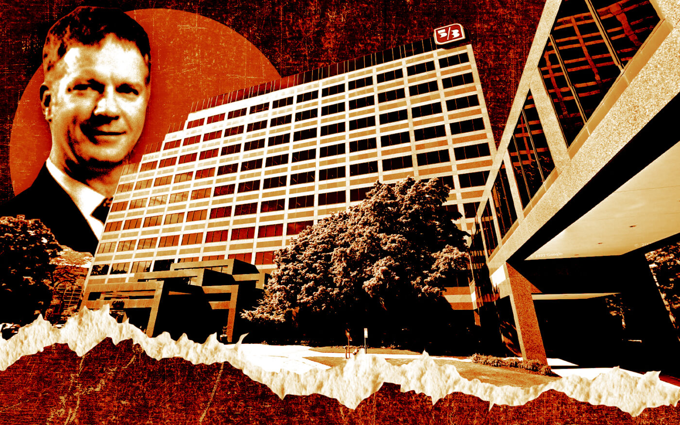 A photo illustration of Adventus CEO Rick Charlton and the Riverway office complex at 6111 North River Road in Rosemont (Getty, LinkedIn/Rick Charlton, Google Maps)