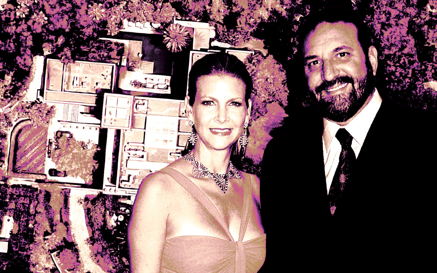 A photo illustration of Karyn and Joel Silver along with an aerial view of 470 Layton Way in Brentwood (Getty, Google Maps)