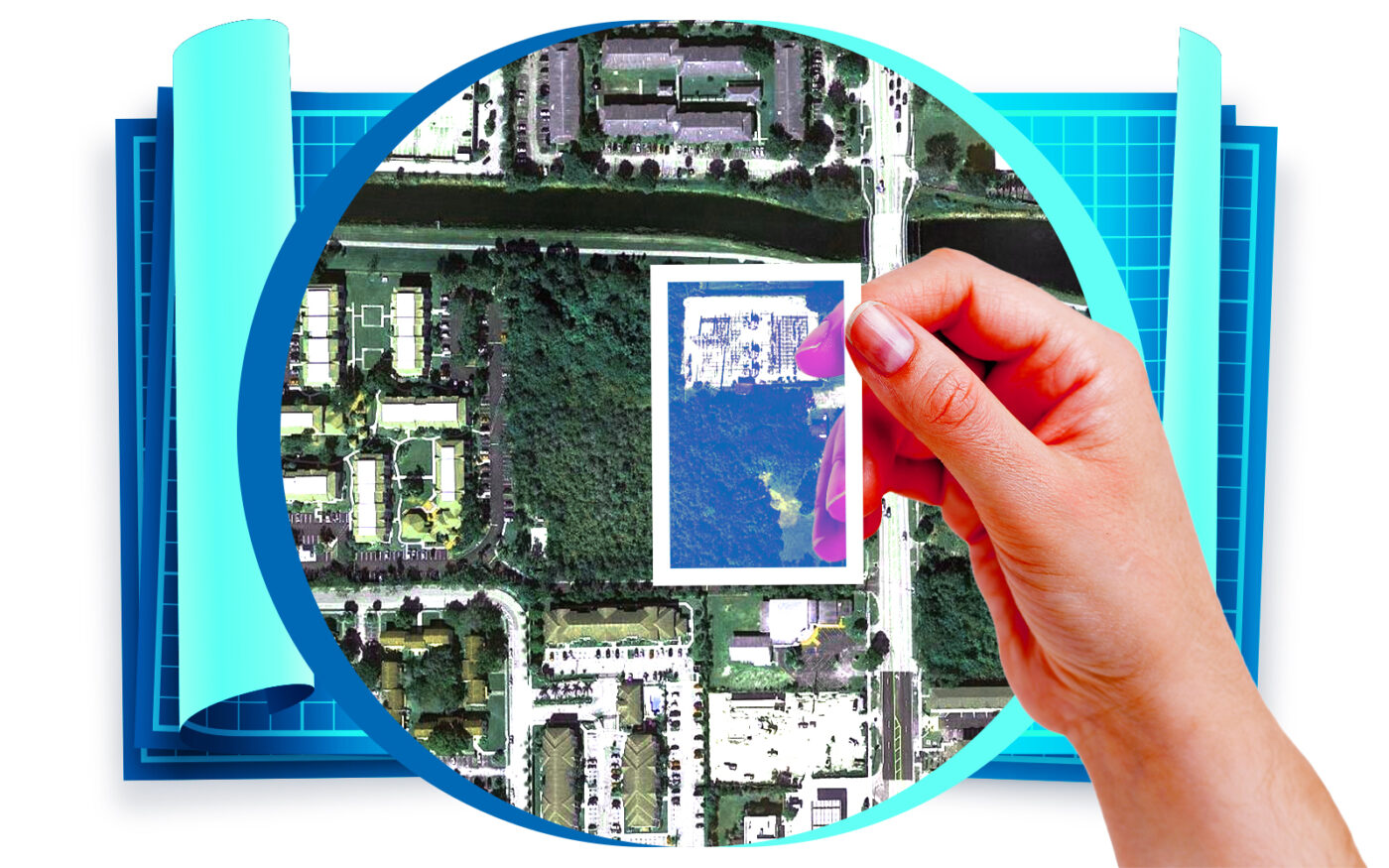 A photo illustration depicting an aerial view of the development site at 21300 and 21320 Southwest 112th Avenue in Miami-Dade County (Getty, Google Maps)