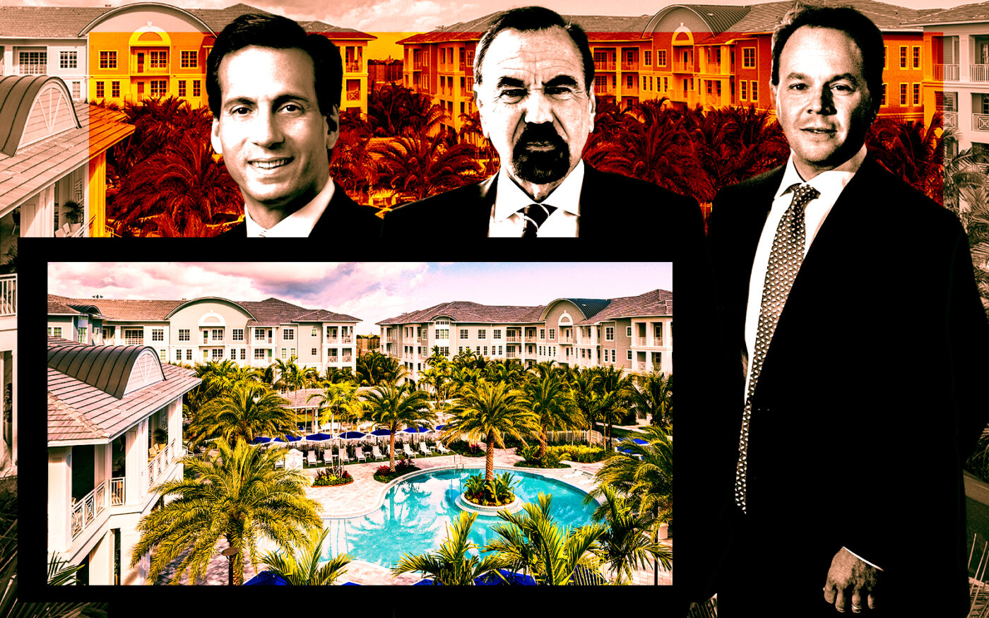 From left: Praedium Founding Principal Russell Appel, Related Group's Jorge Pérez, and Rockpoint co-founder Keith Gelb along with Manor Lantana at 861 Water Tower Way in Lantana (Getty, Praedium, Rockpoint, Related Group, Manor Lantana)