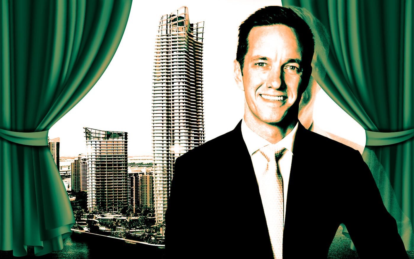 A photo illustration of Swire Properties' Henry Bott and a rendering of One Island Drive on Brickell Key (Getty, Binyan Studios, Swire Properties)