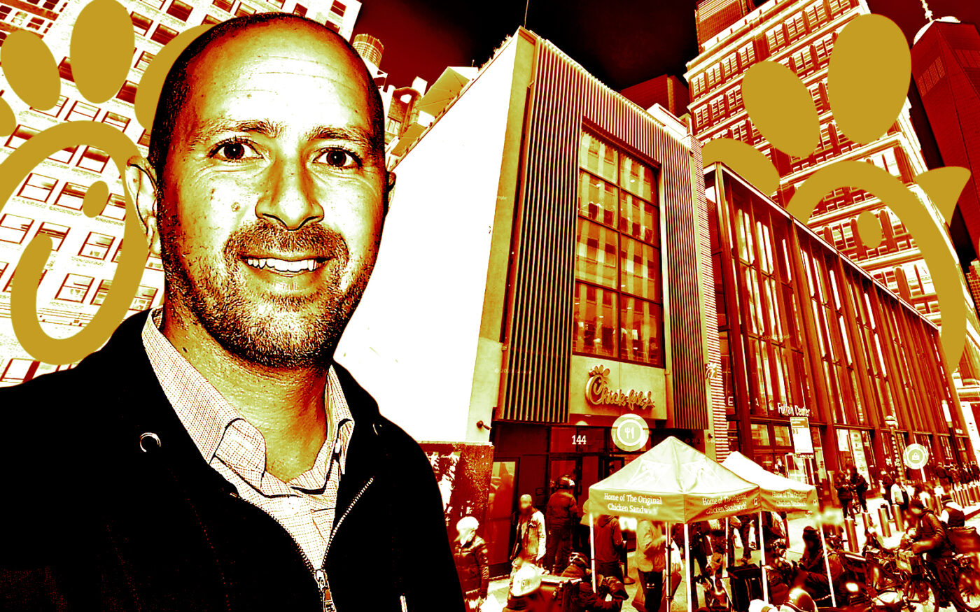 A photo illustration of Crown Acquisitions' Richard Chera and 144 Fulton Street (Getty, Crown Acquisitions, Google Maps)