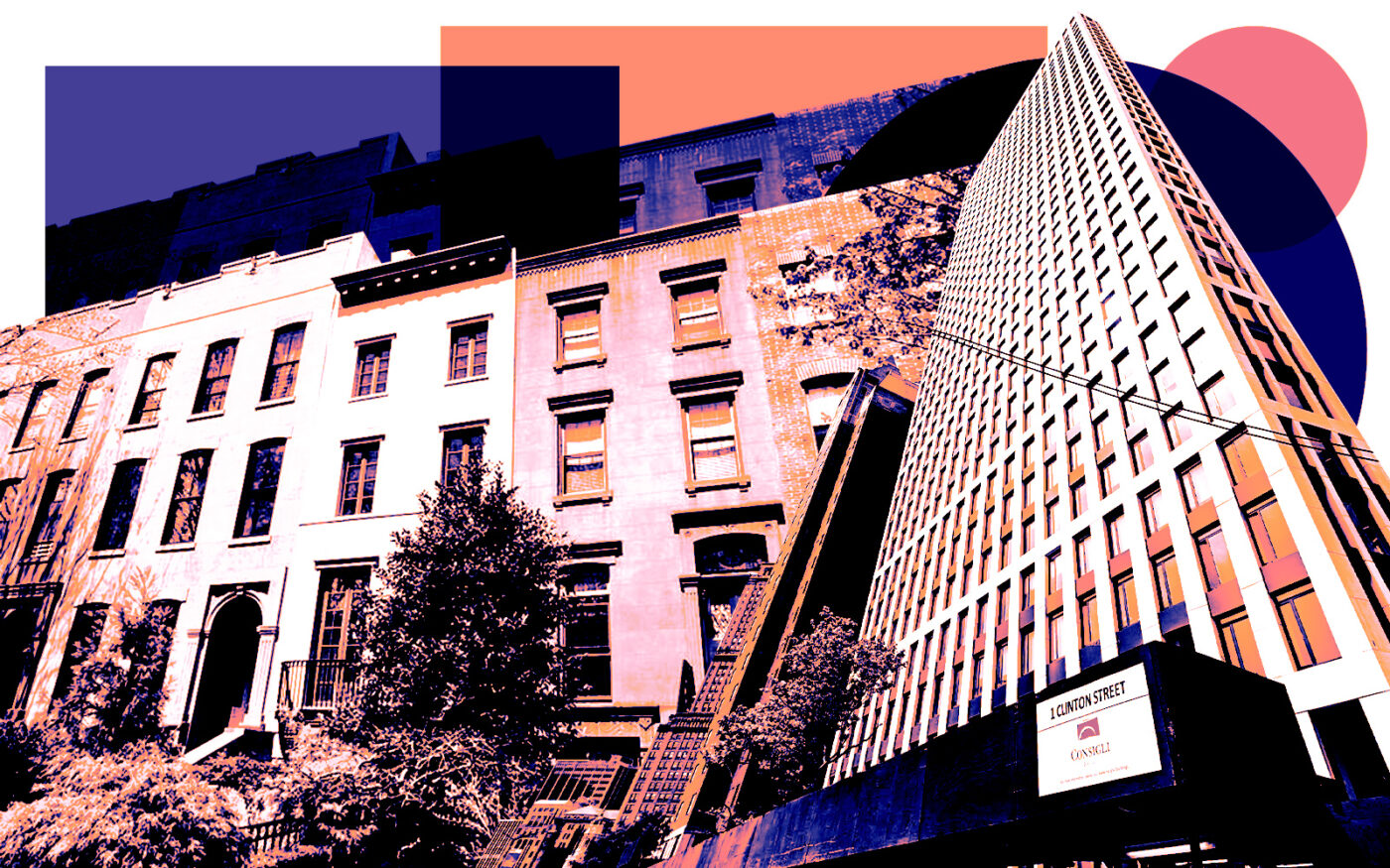 A photo illustration of 287 Union Street (left) and 1 Clinton Street (right) in Brooklyn (Getty, Google Maps, Compass)