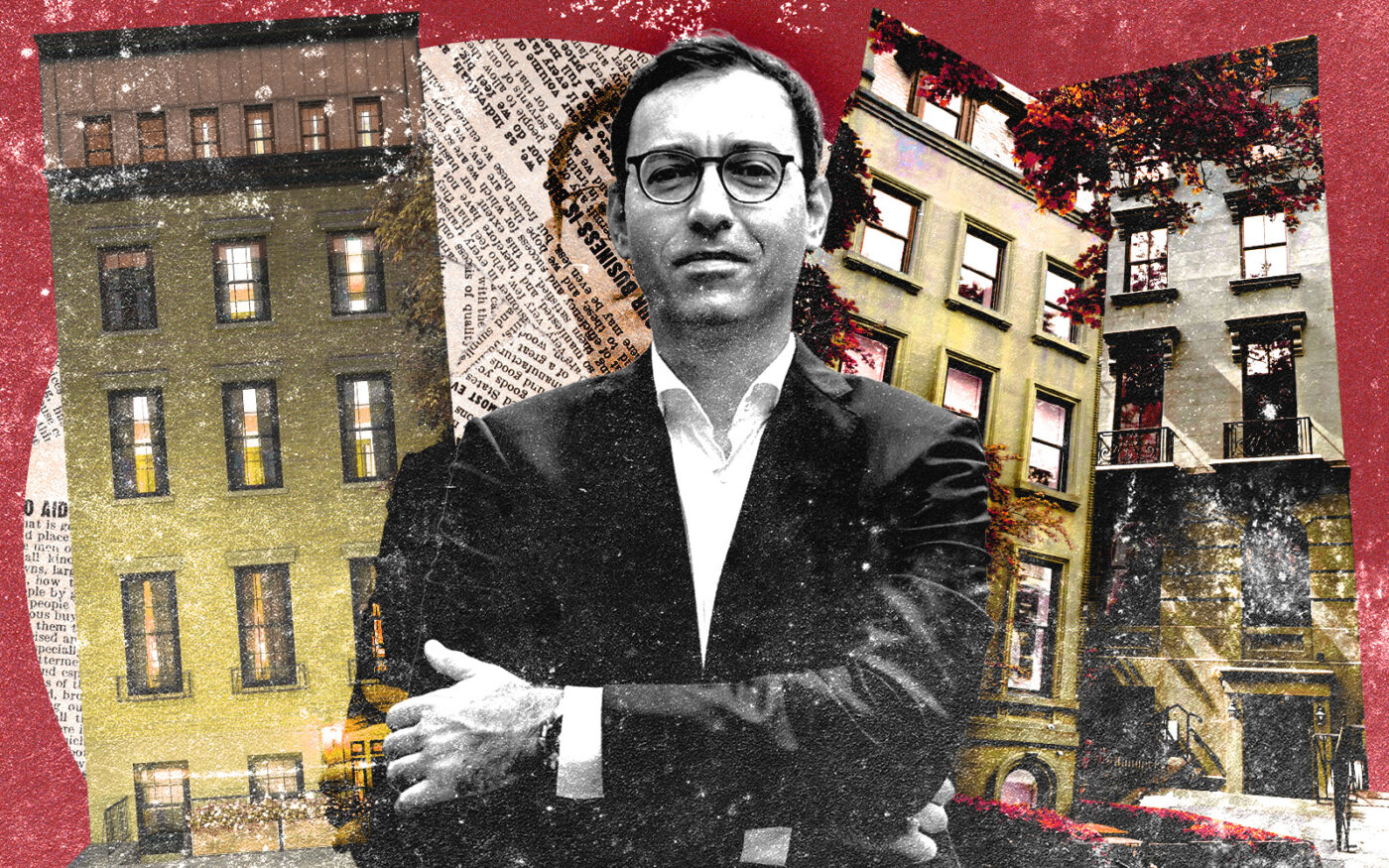 A photo illustration of Kushner CEO Laurent Morali along with 27 Monroe Place (left), 38 Monroe Place (middle) and 100 Pierrepont Street (right) (Getty, Google Maps, Corcoran, Kushner)