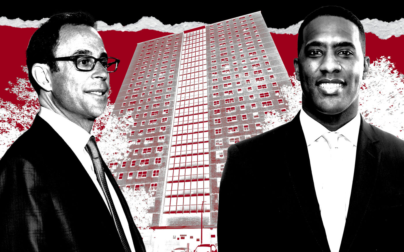 From left: Related Companies CEO Jeff Blau, Essence Development founder Jamar Adams and Fulton Houses at 421 West 17th Street (Getty, Essence Development, Google Maps)