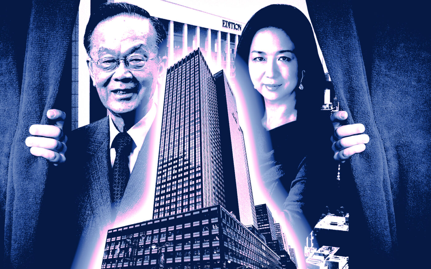 From left: Akira Mori and Miwako Date along with 245 Park Avenue (front) and the Tokyo World Gate office complex (back) (Getty, Mori Trust, SL Green Realty Corp)