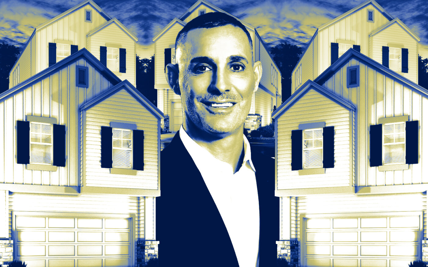 A photo illustration of Meritage Homes CEO Phillippe Lord and a rendering of the planned townhomes at McClendon Park Village (Meritage Homes)