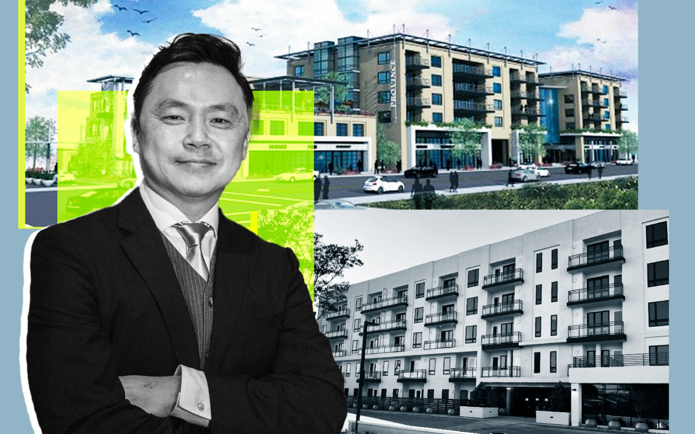 Chateau Operating Group's Eric Chen with a rendering and photo of the Province San Gabriel mixed use project