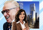 Larry Silverstein and Kathy Hochul and a rendering of 5 World Trade Center