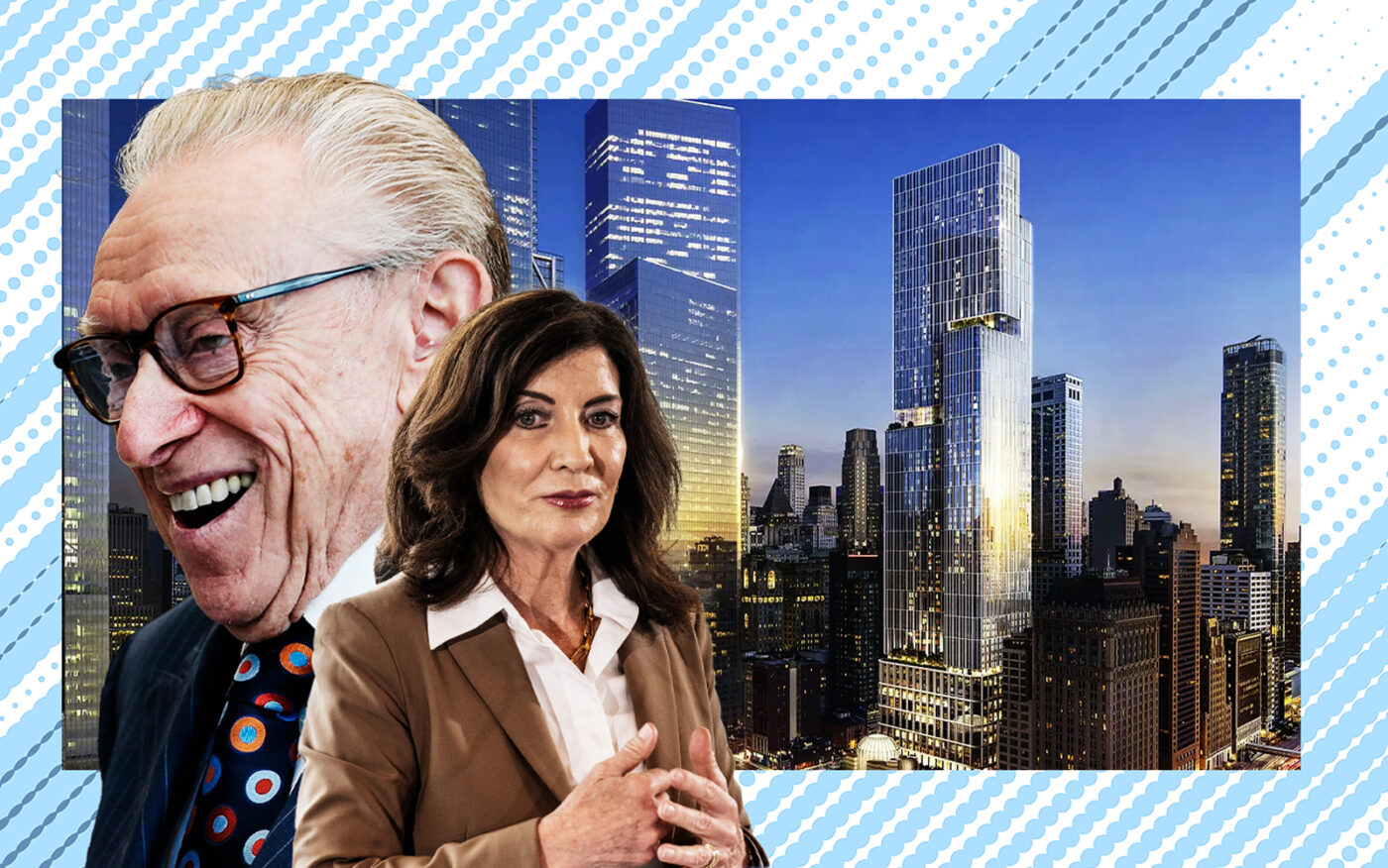 Larry Silverstein and Kathy Hochul and a rendering of 5 World Trade Center (Getty, KPF)