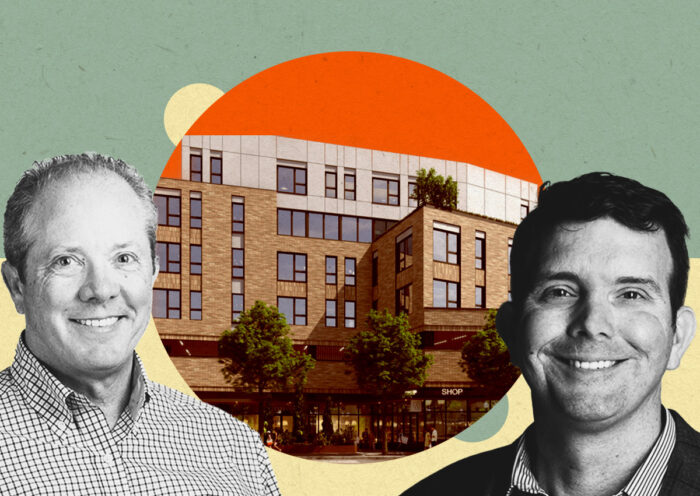 The Community Builders' Bart Mitchell; renderings of planned 63-unit apartment building at 4715 North Western Avenue; Leopardo Construction’s Mike Mastin (Leopardo Construction, The Community Builders, Linkedin, Getty)