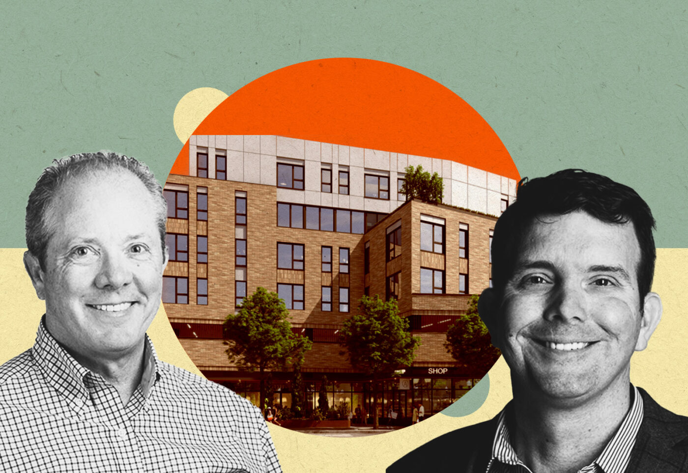 The Community Builders' Bart Mitchell; renderings of planned 63-unit apartment building at 4715 North Western Avenue; Leopardo Construction’s Mike Mastin (Leopardo Construction, The Community Builders, Linkedin, Getty)
