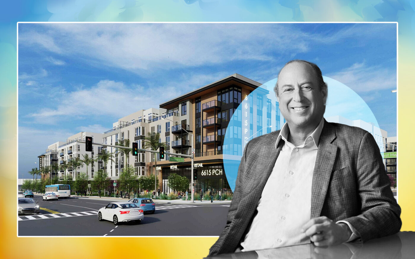 Carmel Partners Ron Zaff with a rendering of plans for 6615 East Pacific Coast Highway, Long Beach