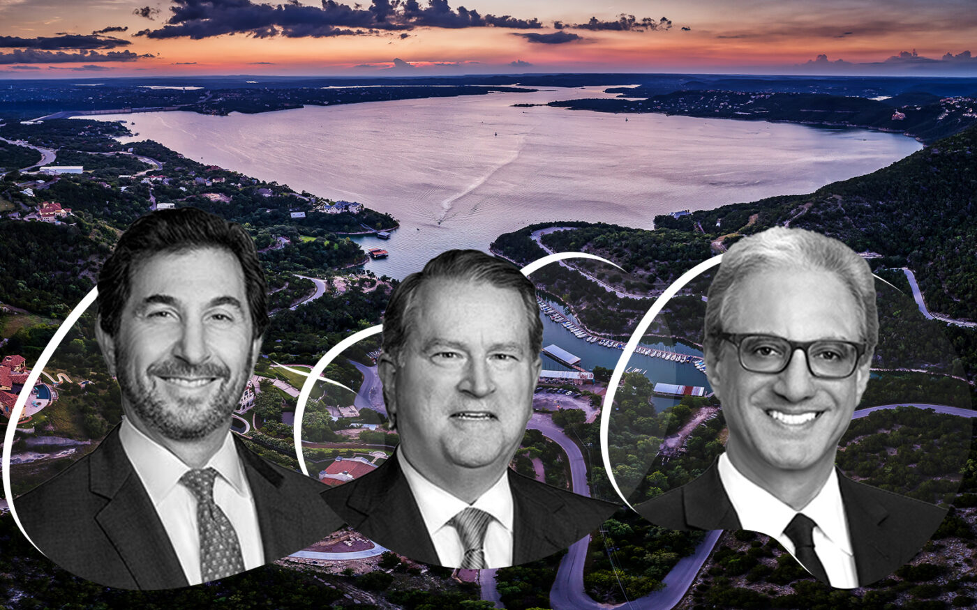 Castle Hill Partners David Arnow, John McKinnerney and Victor Ayad with an aerial of Lake Travis