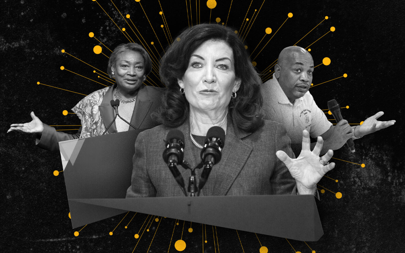 Gov. Kathy Hochul (center), Senate Majority Leader Andrea Stewart-Cousins (left) and Assembly Speaker Carl Heastie (Photo-illustration by Paul Dilakian/The Real Deal; images via Getty Images)