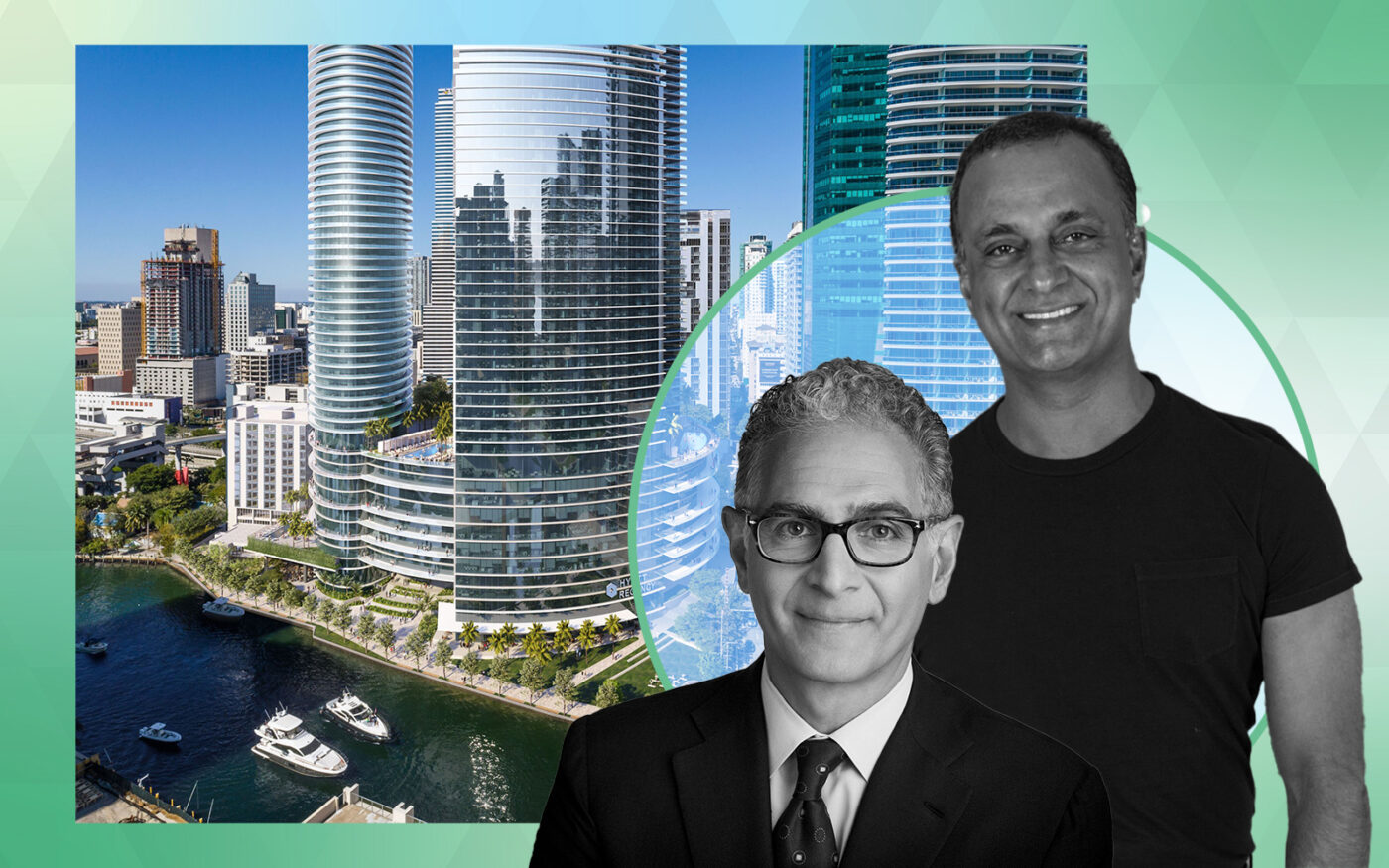 Hyatt CEO Mark Hoplamazian and Gencom Founder and Principal Karim Alibhai with a rendering of the proposed three-tower development at 400 Southeast Second Avenue
