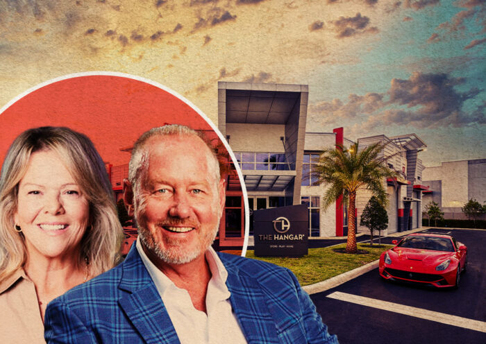 The Hangar Group's Christy Cunningham and Scott Cunningham; exterior of first car condo project in Riviera Beach (The Hangar Group, Getty)