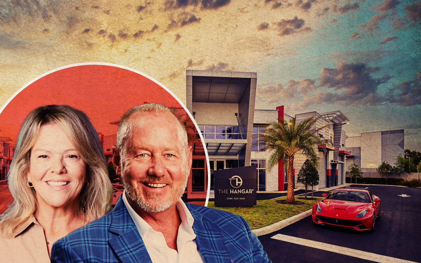 The Hangar Group's Christy Cunningham and Scott Cunningham; exterior of first car condo project in Riviera Beach (The Hangar Group, Getty)