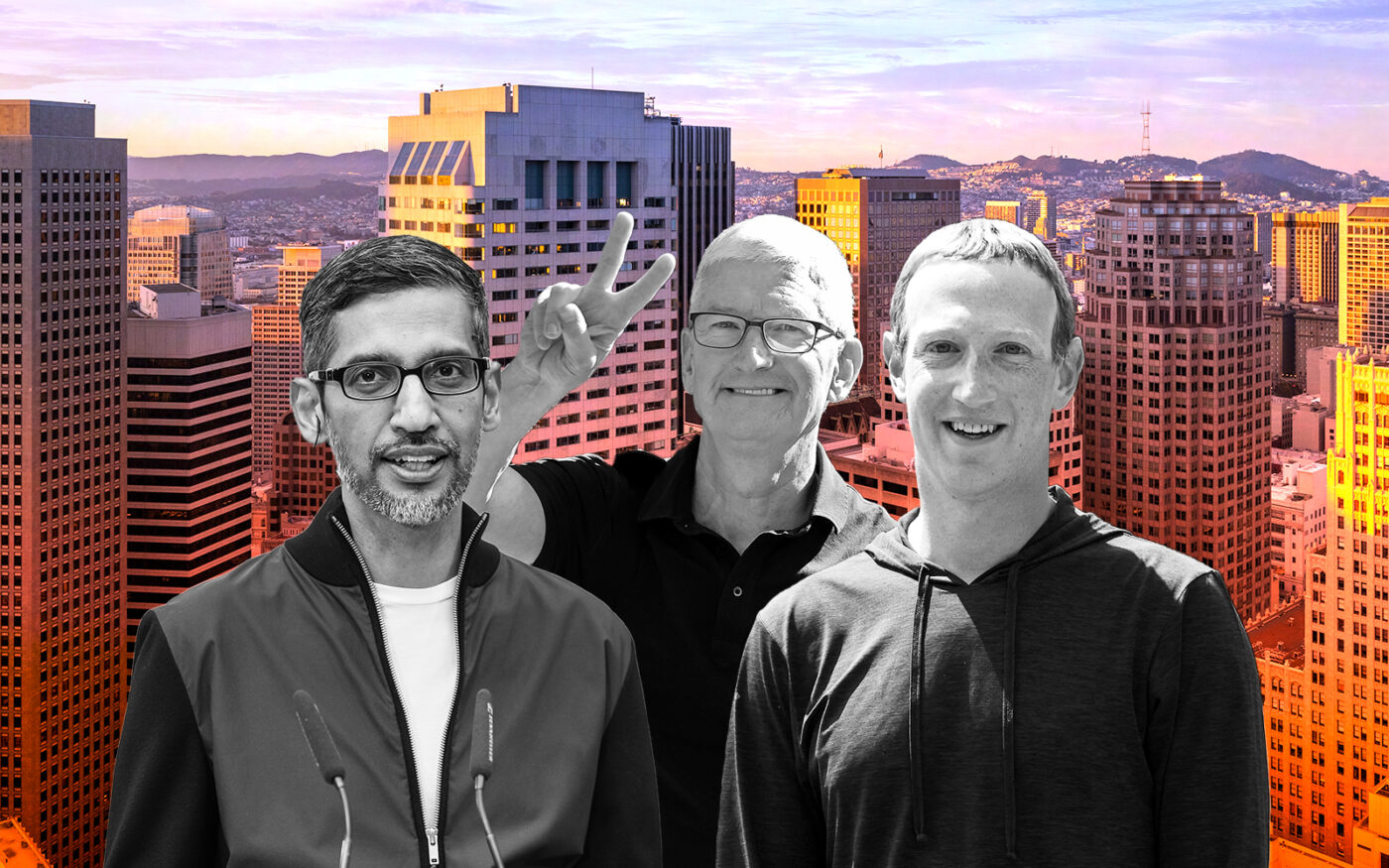 Google's Sundar Pichai, Apple's Tim Cook and Meta's Mark Zuckerburg