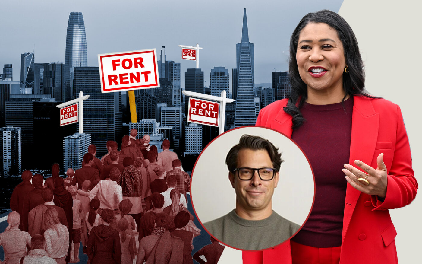 VTS's Nick Romito and Mayor London Breed and an illustration of people flooding towards SF office leases